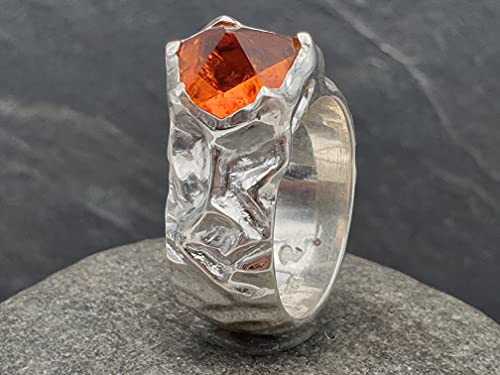 LeoLars-PABE Citrin Design Ring aus 925er Silber, Gr.58, Sonderschliff, Organisch, Hammerschlag, Unikat, Handarbeit