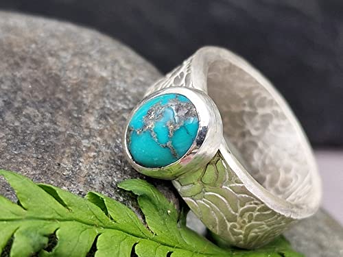 LeoLars-PABE Echter Türkis Design Ring, Gr.56 (18), aus 925er Silber, floral geprägte Ringschiene, massiv, Unikat, Handarbeit
