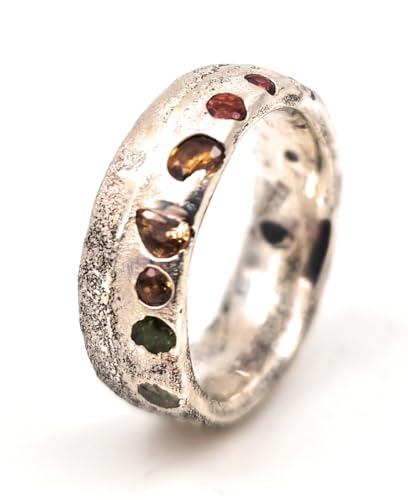 LeoLars-PABE Mehrfarbiger Sandguss Design Ring, Gr. 61 (19,2) mit verschiedenen eingegossenen echten Edelsteinen aus 925er Silber, Unikat, Handarbeit