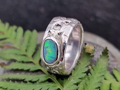 LeoLars-PABE Lightning Ridge Opal Design Ring, Gr.57 (18.2), aus 925er Silber, Oberfläche Spitzen Stoff, Multicolor, Unikat, Handarbeit