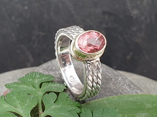 LeoLars-PABE Rosa Turmalin Design Ring, Gr.58 (18,7), aus 925er Silber mit 585er Gold Fassung, Bicolor Ring, Unikat, Handarbeit