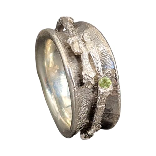 LeoLars-PABE Ast Design Spinner Ring, gr.58 (18,5) aus 925er Silber mit Peridot, echter abgeformer Ast 360° drehbar, Spelring, massiv, Natur, Unikat, Handarbeit