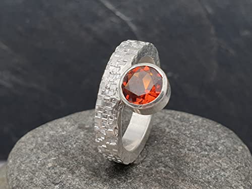 LeoLars-PABE Madeira Citrin Ring aus 925er Silber, Gr.58, Structure Design kleine Quadrate, Unikat, Handarbeit