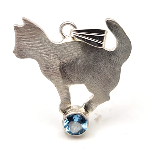 LeoLars-PABE Katzen Anhänger aus 925er Silber mit Blautopas, mattiert, Katze, Unikat, Handarbeit