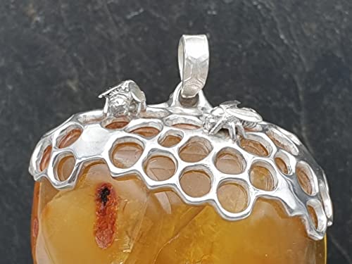 LeoLars-PABE Großer Nordsee Honig Bernstein Design Anhänger aus 925er Silber, Honigwaben, Bienen, Unikat, Handarbeit