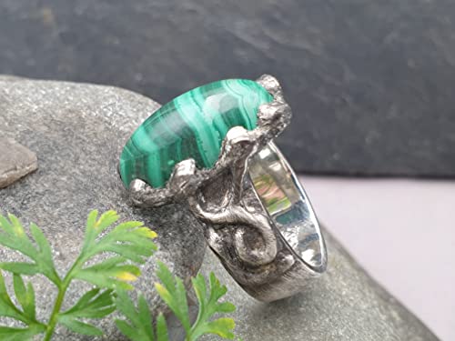 LeoLars-PABE Malachit Design Ring aus 925er Silber, Gr.58, grob gearbeitet, gebürstet, teilgeschwärzt, Unikat, Handarbeit