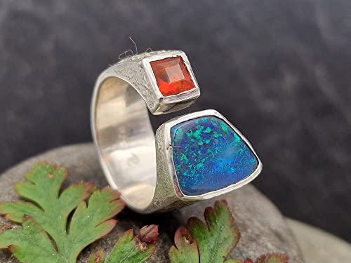 LeoLars-PABE Schwarzer Opal und Feueropal Design Ring, Gr.57-58, aus 925er Silber, oben offen, eismattiert, Unikat, Handarbeit