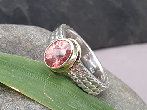 LeoLars-PABE Rosa Turmalin Design Ring, Gr.58 (18,7), aus 925er Silber mit 585er Gold Fassung, Bicolor Ring, Unikat, Handarbeit