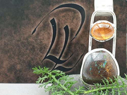 LeoLars-PABE Boulder Opal, Mandarin Granat Anhänger aus 925er Silber, Röhrchen mit Muster, Unikat, Handarbeit