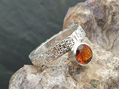 LeoLars-PABE Madeira Citrin Ring aus 925er Silber, Gr.58, Structure Design kleine Quadrate, Unikat, Handarbeit