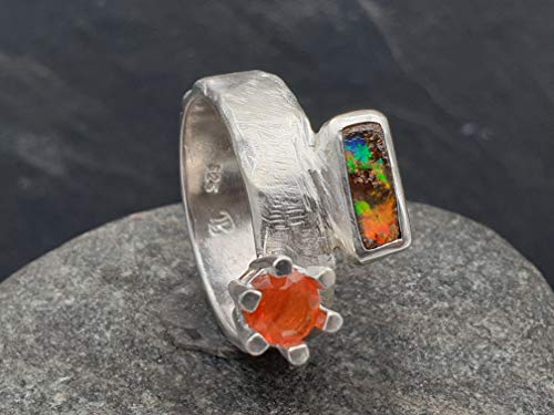 LeoLars-PABE Boulder und Feueropal Design Ring aus 925er Silber, Gr.57, geschmiedetes Design, Unikat, Handarbeit