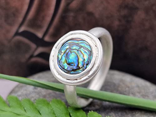 LeoLars-PABE Paua Muschel Ring, Gr.55 (17,5), aus 925er Silber, breiter Rand, seidenmatt, massiv, Unikat, Handarbeit