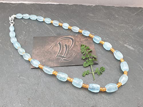 LeoLars-PABE Aquamarin und Mandaringranat Kette Feuer und Eis, 44cm lang, 925er Silber, Handarbeit