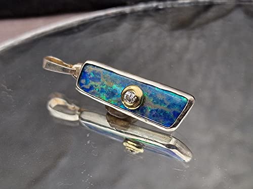 LeoLars-PABE Lightning Ridge Opal Design Anhänger aus 925er Silber mit Diamant in 585er Gold Fassung, Unikat, Handarbeit