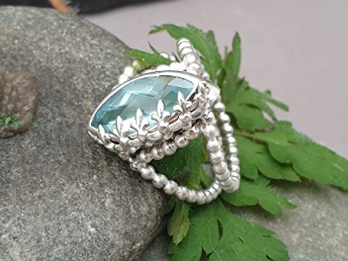 LeoLars-PABE Aquamarin Design Ring, Gr.58 (18,5), aus 925er Silber, Eisblume, Perldraht Ringschiene, Unikat, Handarbeit
