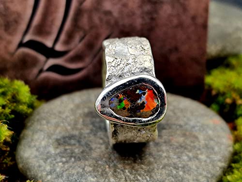 LeoLars-PABE Structure Design Stein Ring mit Boulder Opal aus 925er Silber, Gr.56, Opalflash mehrfarbig, Opal 11x7.3mm, Unikat, Handarbeit