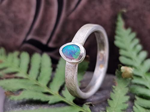 LeoLars-PABE Lightning Ridge Opal Ring, Gr.60 (19), aus 925er Silber, Opal Tropfen grün-blau, gebürstet, Unikat, Handarbeit