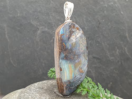 LeoLars-PABE Boulder Opal Anhänger mit 925er Silber Stiftöse, Mehrfarbig Opal 40x21.4x7.5mm, Unikat, Handarbeit