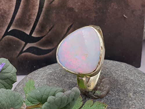 LeoLars-PABE Weißer Opal Ring, Gr58 (18,5) aus 585er Gold, Lightning Ridge, Multicolor, 4,54ct., gehämmert, Unikat, Handarbeit
