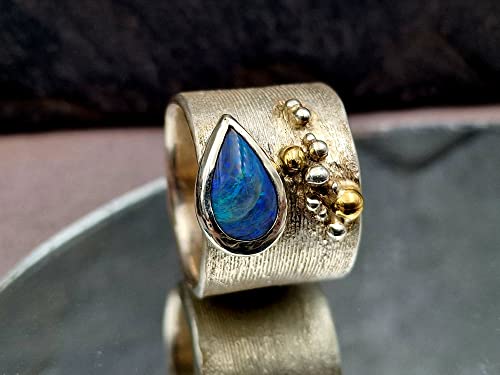 LeoLars-PABE Lightning Ridge Opal Design Ring, Gr.58, aus 925er Silber mit 750er Gelbgold Akzenten und echter Pampasgras Struktur, Unikat, Handarbeit