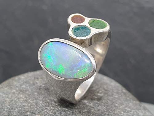 LeoLars-PABE Lightning Ridge Opal Ring oben offen mit Emaille aus 925er Silber, Gr.59, Unikat, Handarbeit