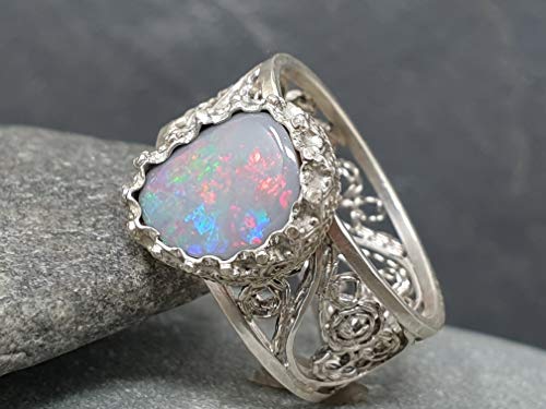 LeoLars-PABE Lightning Ridge Opal Filigree Ring aus 925er Silber, Gr.56, Filigran, Verspielt, Unikat, Handarbeit