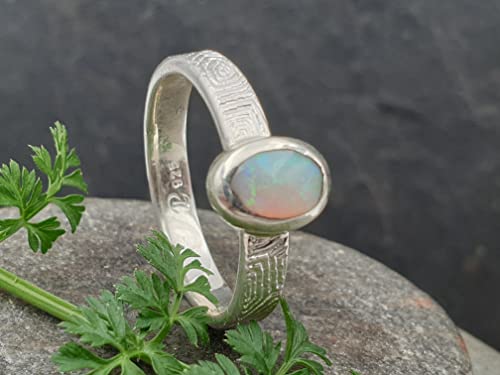 LeoLars-PABE Lightning Ridge Semi Chrystal Opal Ring, Gr.59, 925er Silber, Opal 7x5mm, Structure Design, Unikat, Handarbeit
