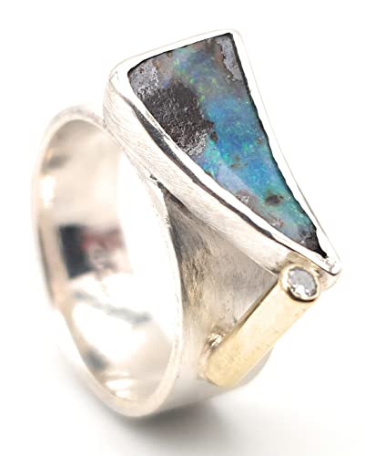 LeoLars-PABE Boulder Opal Design Ring, Gr.58 (18.7), aus 925er Silber mit Brilliant in 585er Kanal Fassung, Unikat, Handarbeit