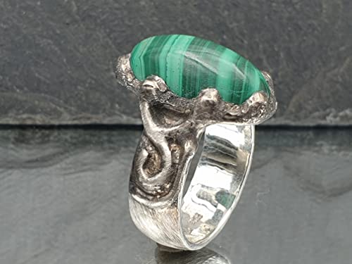 LeoLars-PABE Malachit Design Ring aus 925er Silber, Gr.58, grob gearbeitet, gebürstet, teilgeschwärzt, Unikat, Handarbeit