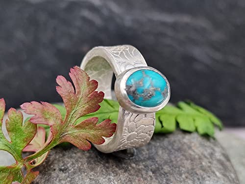 LeoLars-PABE Echter Türkis Design Ring, Gr.56 (18), aus 925er Silber, floral geprägte Ringschiene, massiv, Unikat, Handarbeit