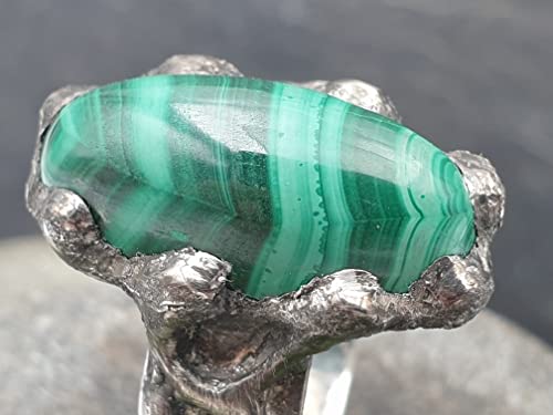 LeoLars-PABE Malachit Design Ring aus 925er Silber, Gr.58, grob gearbeitet, gebürstet, teilgeschwärzt, Unikat, Handarbeit