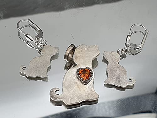 LeoLars-PABE Hunde Anhänger und Ohrhänger Set mit Citrin Herz aus 925er Silber, Handarbeit