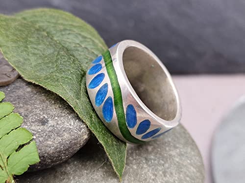LeoLars-PABE Emaille Ring, Gr.61 (19.5), aus 925er Silber, grün-blau floral-blumig stilisiertes Muster, umlaufend, Unikat, Handarbeit