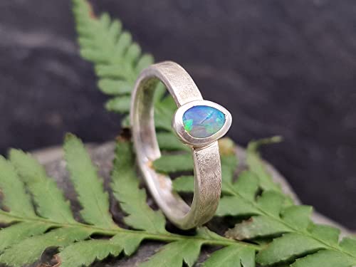 LeoLars-PABE Lightning Ridge Opal Ring, Gr.60 (19), aus 925er Silber, Opal Tropfen grün-blau, gebürstet, Unikat, Handarbeit