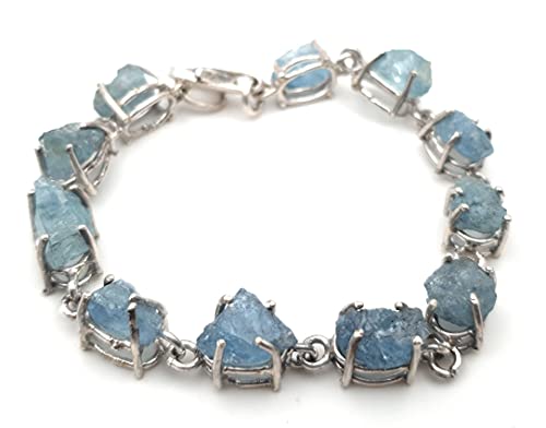 LeoLars-PABE Aquamarin Rohstein Armband aus 925er Silber, 11 Aquamarine, 19cm lang, Unikat, Handarbeit