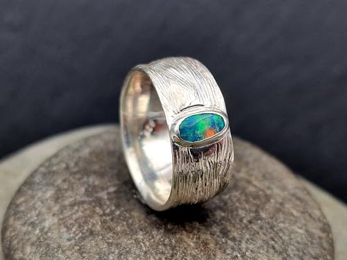 LeoLars-PABE Lightning Ridge Opal Design Ring, Gr.56 (17,8), aus 925er Silber mit Blatt Struktur, Opal Multicolor Opalfeuer 6,7 x 3,6mm, Unikat, Handarbeit