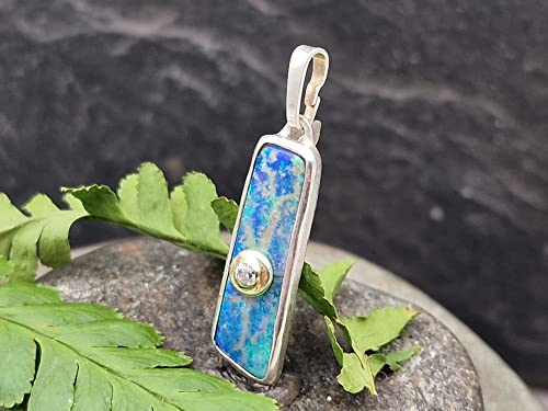 LeoLars-PABE Lightning Ridge Opal Design Anhänger aus 925er Silber mit Diamant in 585er Gold Fassung, Unikat, Handarbeit