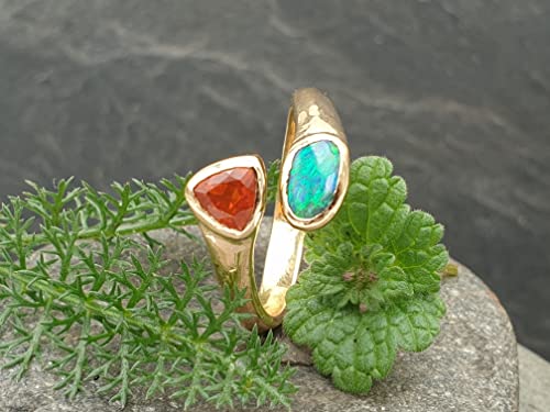 LeoLars-PABE Edler Boulder Opal und Feueropal Design Ring, Gr. 58, aus 750er Gelbgold, Fire and Water, Unikat, Handarbeit