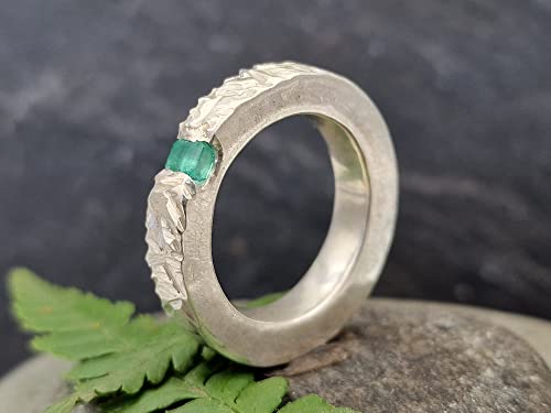 LeoLars-PABE Massiver Smaragd Design Ring, Gr. 59.5 (19), aus 925er Silber mit Structure Design, Unikat, Handarbeit