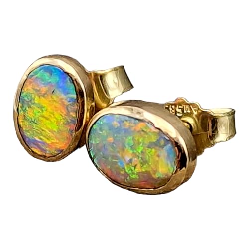 Lightning Ridge Chrystal Opal Ohrstecker aus 585er Gelb Gold, Opale in Multicolor, sehr passend, 7,5 x 5mm, Unikat, Handarbeit