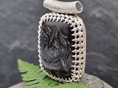 LeoLars-PABE Einhorn Anhänger aus 925er Silber, Obsidian mit Opalsplittern, Carving, Galerie Fassung, Filigree, Unikat, Handarbeit