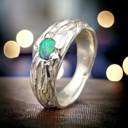 LeoLars-PABE Schwarzer Opal Design Ring, Gr.60 (19), aus 925er Silber im organisch natürlichem Design, Opal - grünes Opalfeuer, Unikat, Handarbeit