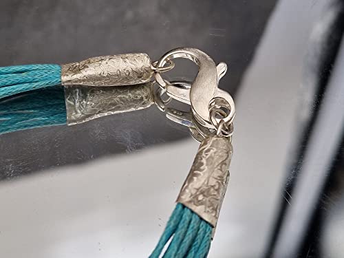 LeoLars-PABE Echter Türkis Design Anhänger aus 925er Silber mit 60cm türkisem Stoffband, breiter Rand, geprägt, Unikat, Handarbeit