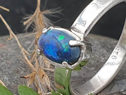 LeoLars-PABE Schwarzer Opal Ring, Gr.54, aus 925er Silber, Krappenfassung, grün-blau, Unikat, Handarbeit