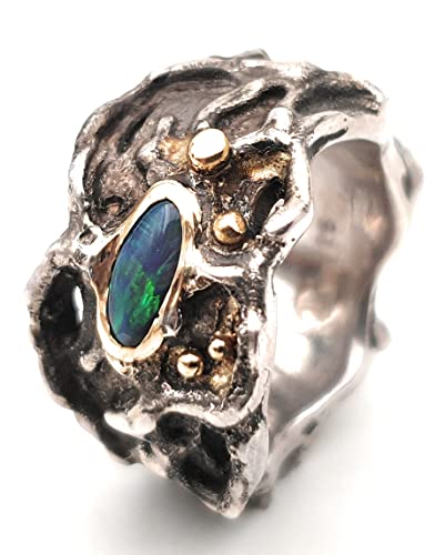 LeoLars-PABE Organic Design Schwarzer Opal Ring, Gr.49, aus 925er Silber mit Goldakzenten, Unikat, Handarbeit