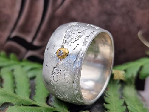 LeoLars-PABE Diamant Design Ring, Gr.59 (18.7), aus 925er Silber mit Feingold Fassung, Oberfläche Spitzen Stoff, Unikat, Handarbeit