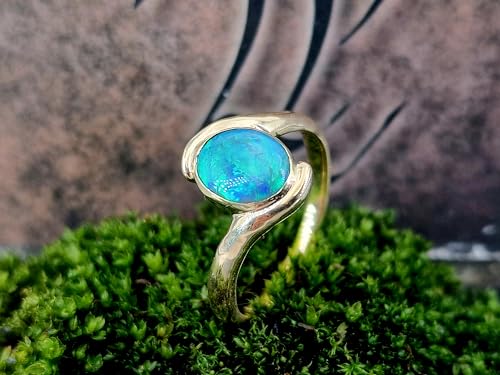 LeoLars-PABE Lightning Ridge Opal Design Ring, Gr. 65 (20,5), aus 585er Gelbgold, Opal brilliantes grünes Opalfeuer, Semi Chrystal, 9,3 x 7,5mm, Unikat, Handarbeit