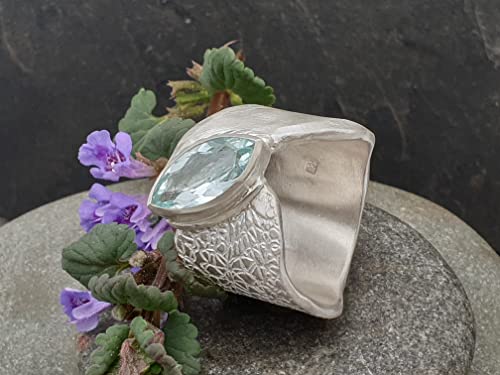 LeoLars-PABE Aquamarin Design Ring, Gr.58 (18.5), aus 925er Silber, Navette, Ring massiv, teil Strukturiert, Unikat, Handarbeit