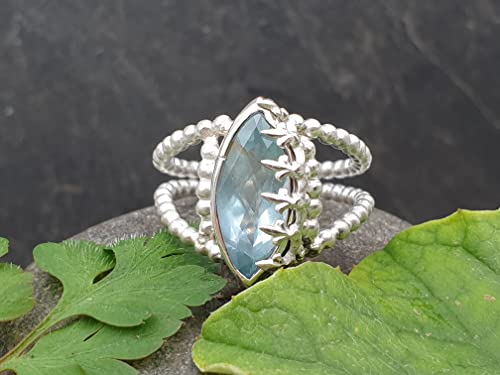 LeoLars-PABE Aquamarin Design Ring, Gr.58 (18,5), aus 925er Silber, Eisblume, Perldraht Ringschiene, Unikat, Handarbeit