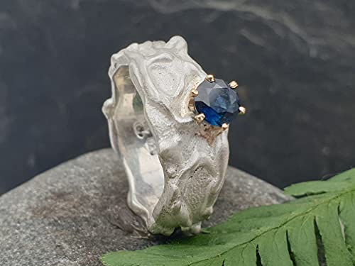 LeoLars-PABE Saphir Design Ring, 925er Silber, Gr.58, Organic Design, 585er Goldfassung, Unikat, Handarbeit